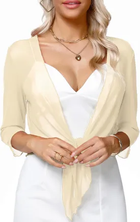 Aiboria Womens 3/4 Sleeve Shrug Sheer Mesh Bolero Tie Front Cropped Cardigan S-XXL