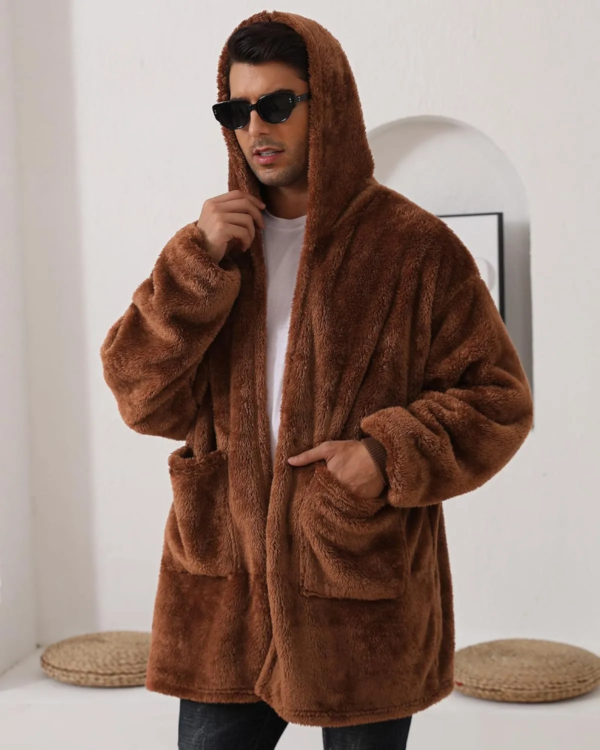 Argstar Hooded Cardigan for Women and Men, Oversized Sweatshirt Fuzzy Fleece Blanket Hoodie Jacket - One Size Fits All