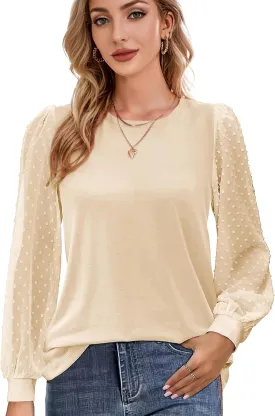 AURUZA Womens Mesh Long Sleeve Shirts Dressy Casual Blouses Tops Balloon Tunic Trendy Crew Neck Clothes Outfits
