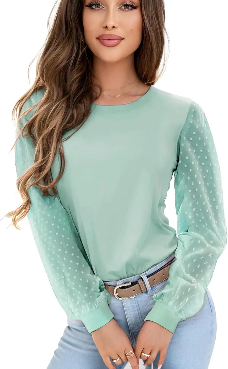 AURUZA Womens Mesh Long Sleeve Shirts Dressy Casual Blouses Tops Balloon Tunic Trendy Crew Neck Clothes Outfits