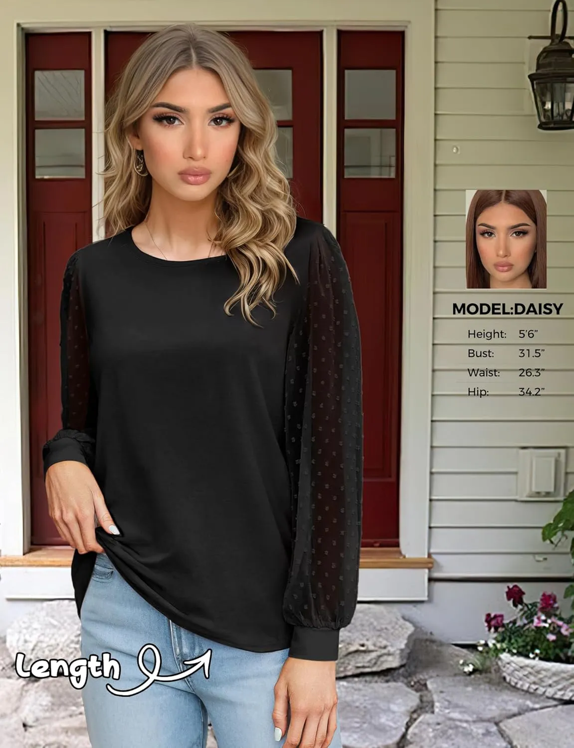 AURUZA Womens Mesh Long Sleeve Shirts Dressy Casual Blouses Tops Balloon Tunic Trendy Crew Neck Clothes Outfits