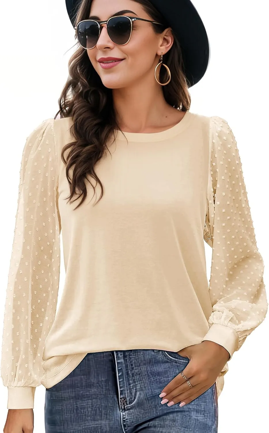 AURUZA Womens Mesh Long Sleeve Shirts Dressy Casual Blouses Tops Balloon Tunic Trendy Crew Neck Clothes Outfits