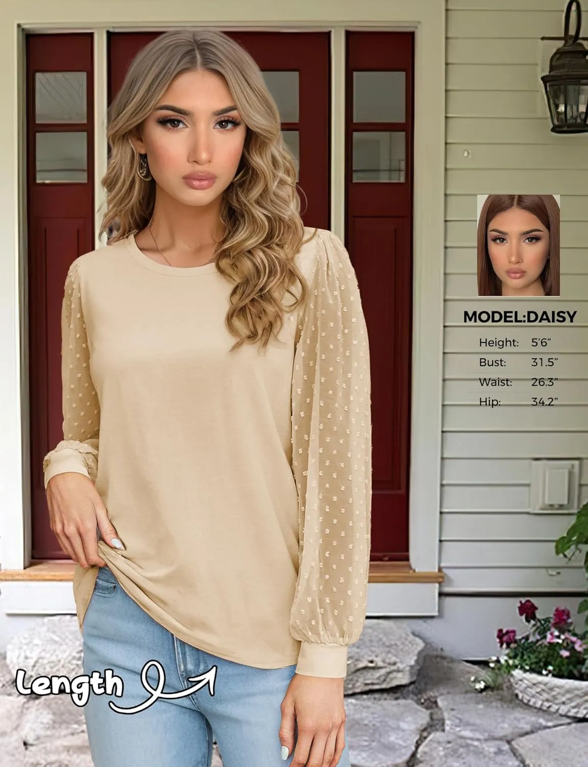 AURUZA Womens Mesh Long Sleeve Shirts Dressy Casual Blouses Tops Balloon Tunic Trendy Crew Neck Clothes Outfits