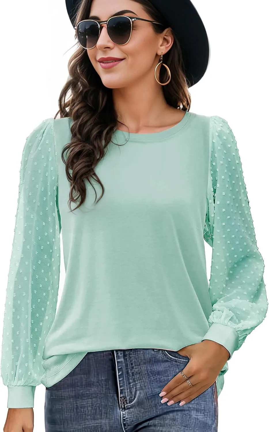 AURUZA Womens Mesh Long Sleeve Shirts Dressy Casual Blouses Tops Balloon Tunic Trendy Crew Neck Clothes Outfits