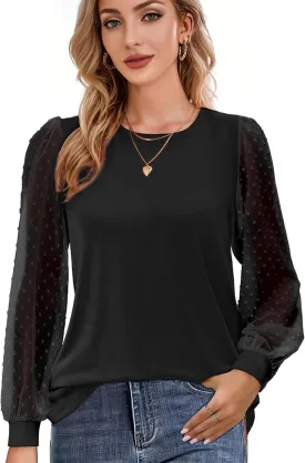 AURUZA Womens Mesh Long Sleeve Shirts Dressy Casual Blouses Tops Balloon Tunic Trendy Crew Neck Clothes Outfits
