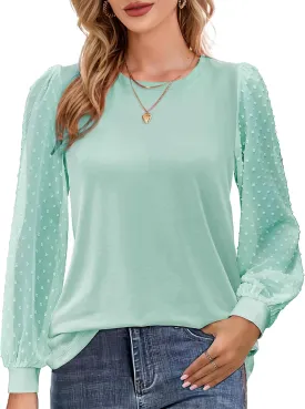 AURUZA Womens Mesh Long Sleeve Shirts Dressy Casual Blouses Tops Balloon Tunic Trendy Crew Neck Clothes Outfits