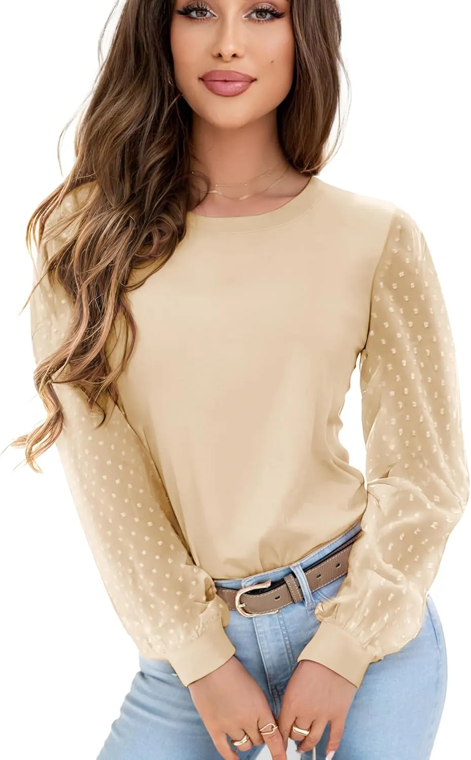 AURUZA Womens Mesh Long Sleeve Shirts Dressy Casual Blouses Tops Balloon Tunic Trendy Crew Neck Clothes Outfits
