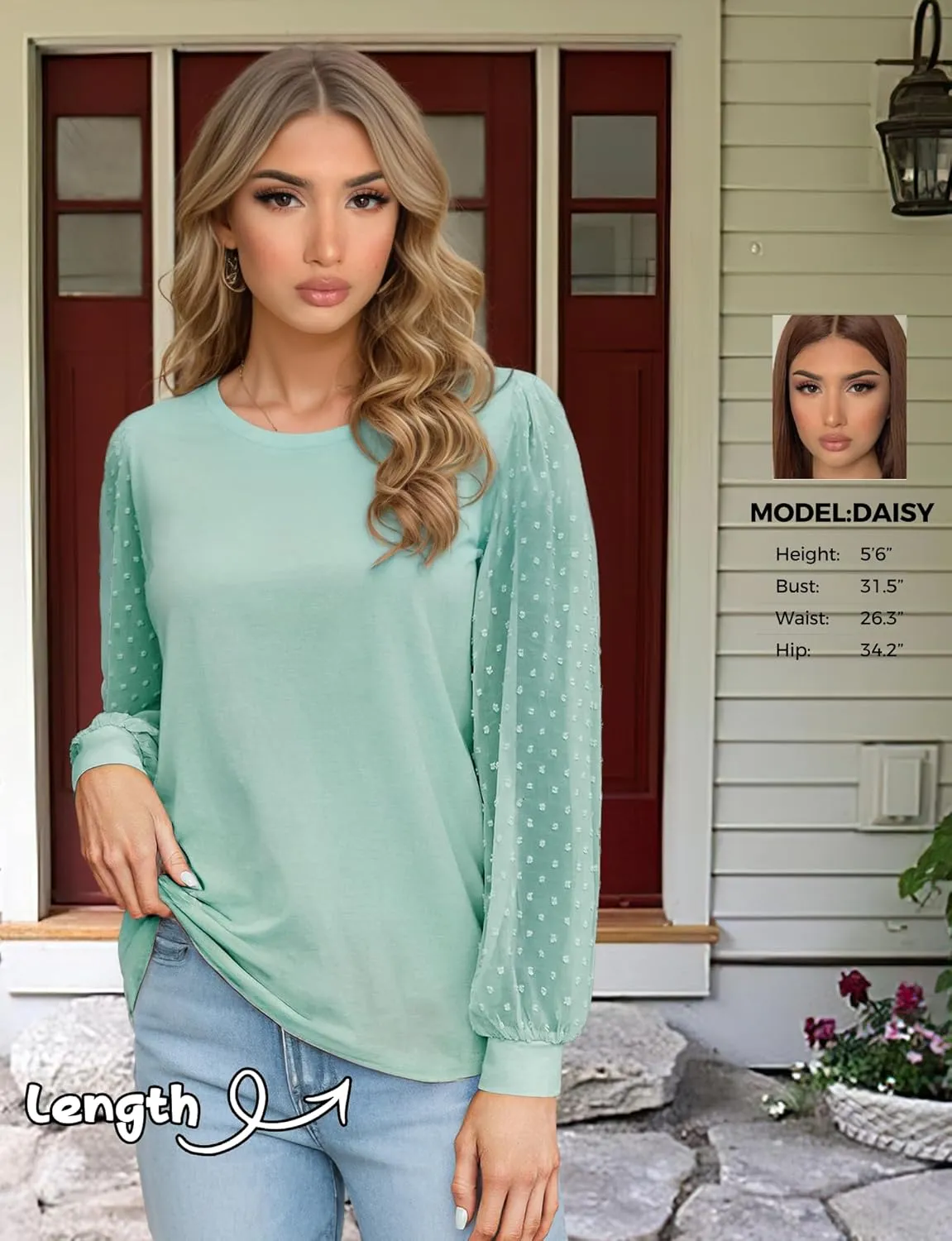 AURUZA Womens Mesh Long Sleeve Shirts Dressy Casual Blouses Tops Balloon Tunic Trendy Crew Neck Clothes Outfits
