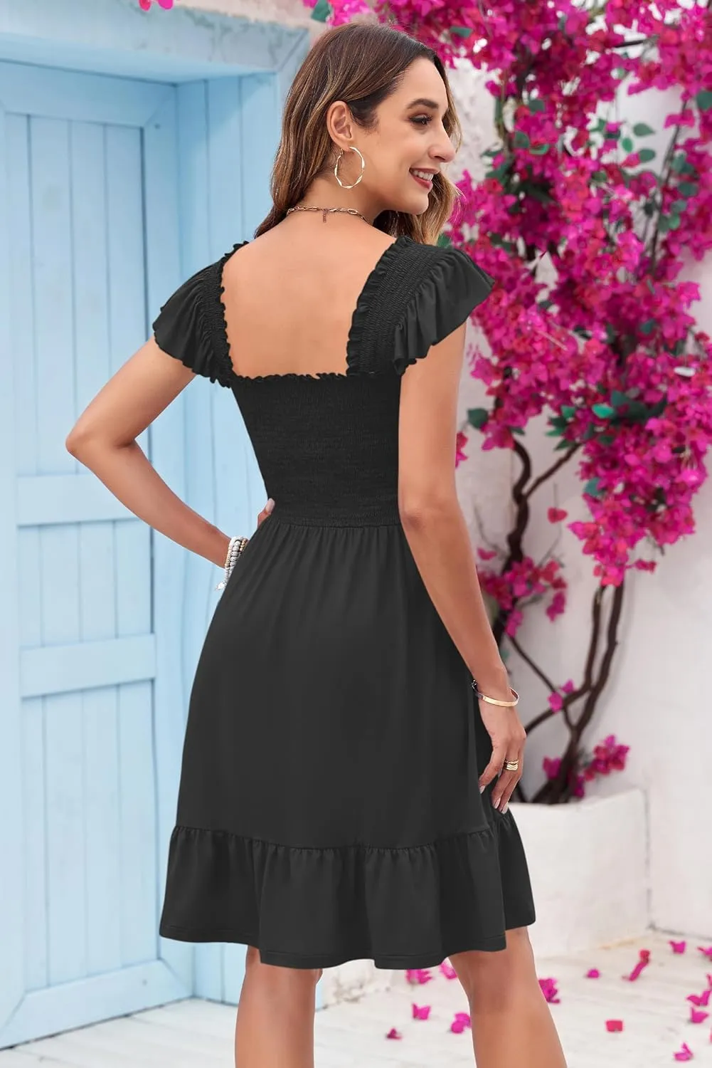 AUSELILY Women's Summer Dresses 2025 Casual Sleeveless Square Neck Smocked Ruffle Backless Short Flowy Beach Sundress