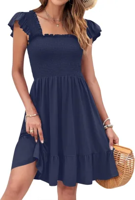 AUSELILY Women's Summer Dresses 2025 Casual Sleeveless Square Neck Smocked Ruffle Backless Short Flowy Beach Sundress