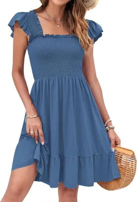 AUSELILY Women's Summer Dresses 2025 Casual Sleeveless Square Neck Smocked Ruffle Backless Short Flowy Beach Sundress