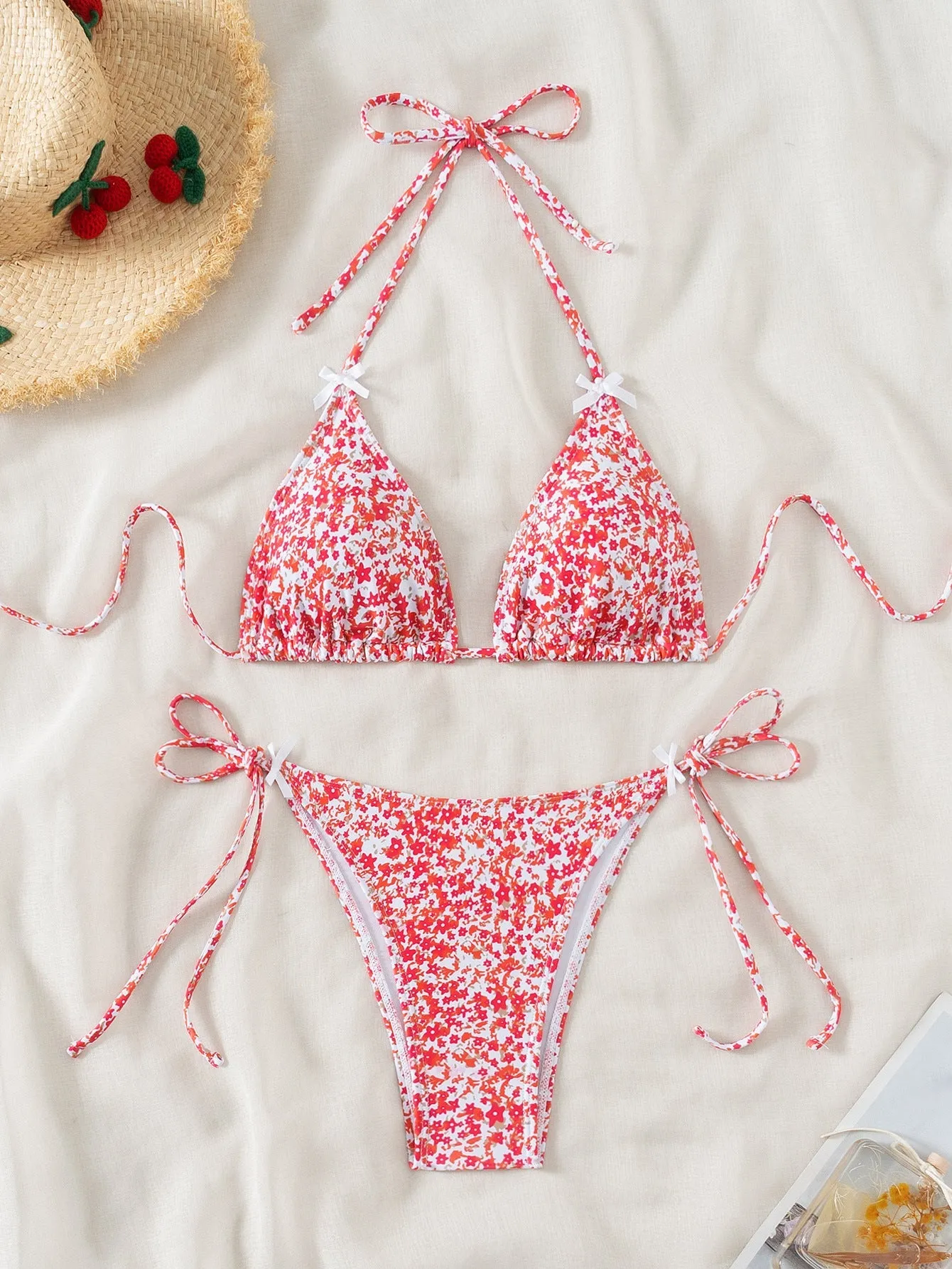 Bikini Floral Bow Lace up Sexy Bikini Swimsuit Swimwear Women