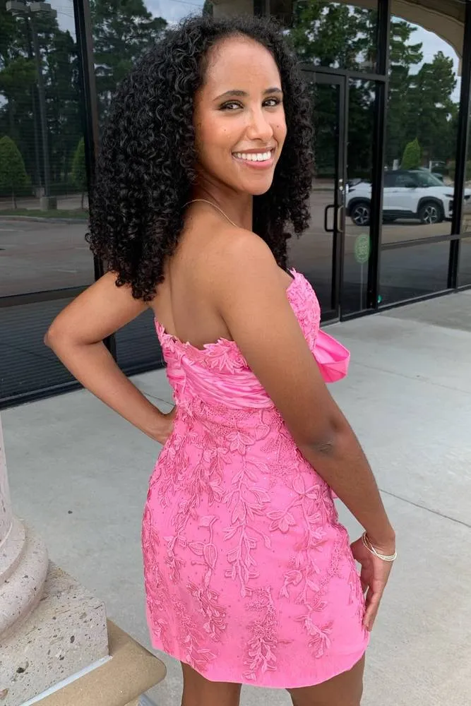 Bodycon Strapless Pink Appliques Tight Short Homecoming Dresses with Bownot VK24082404