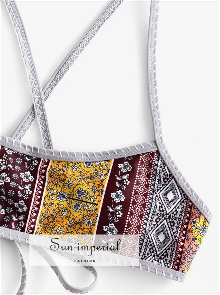 Bohemian Print Lace up Criss Cross Bikini Swimsuit Bikini Sets