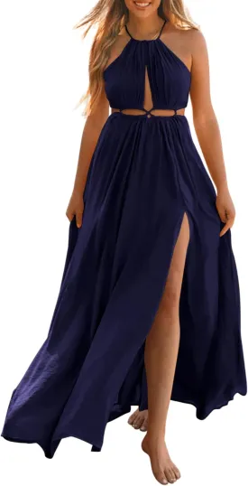 BTFBM Women Halter Summer Dresses 2025 Sleeveless Cutout Backless Sundress Slit Boho Casual Maxi Wedding Beach Dress
