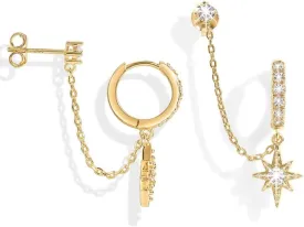 Chain Earrings for Women 14K Gold Double Piercing Dangle Hoop Earring with Cuff and Stud Connected Two Hole Jewelry Set Stackable Earings for First and Second Lobe Cartilage Pierced