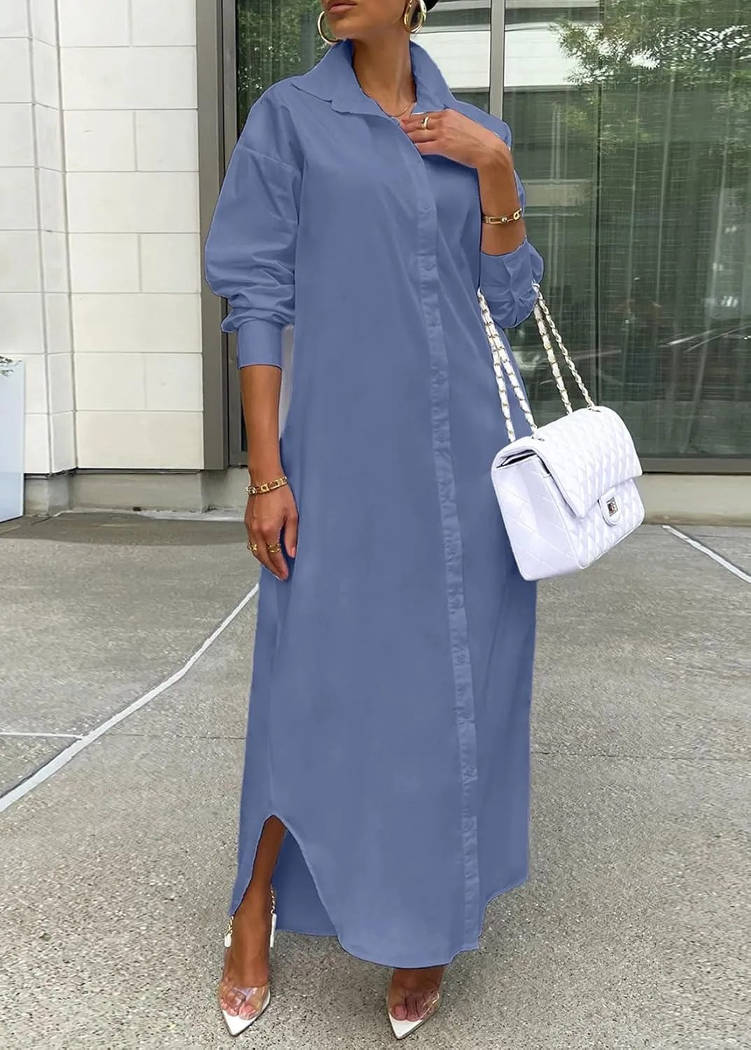 Choichic Shirt Dresses for Women Casual Long Sleeve Cotton Button Down Maxi Dresses