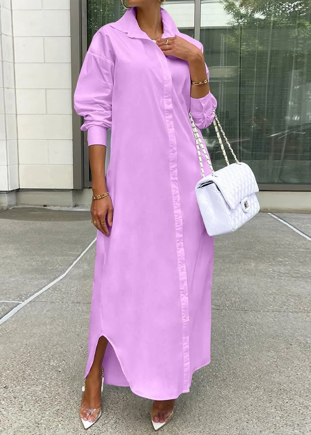 Choichic Shirt Dresses for Women Casual Long Sleeve Cotton Button Down Maxi Dresses