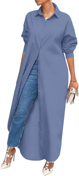 Choichic Shirt Dresses for Women Casual Long Sleeve Cotton Button Down Maxi Dresses