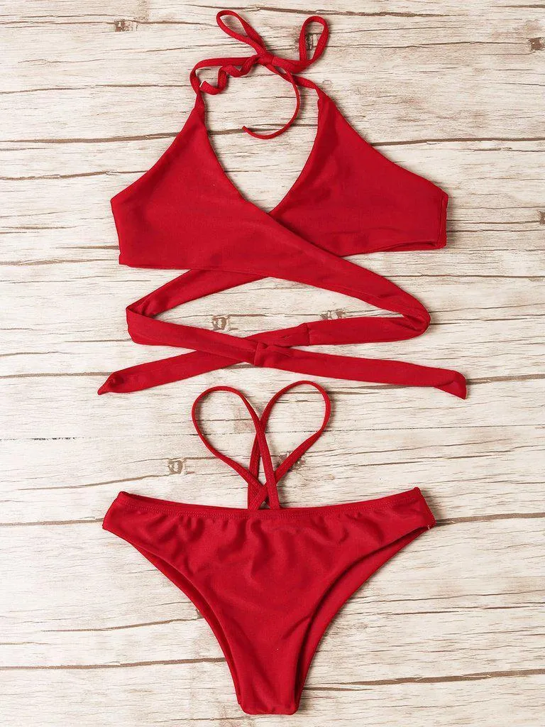 Cross Front Lace-Up Halter Bikini Set