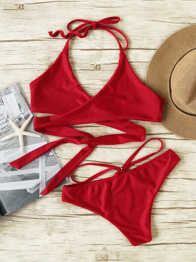 Cross Front Lace-Up Halter Bikini Set
