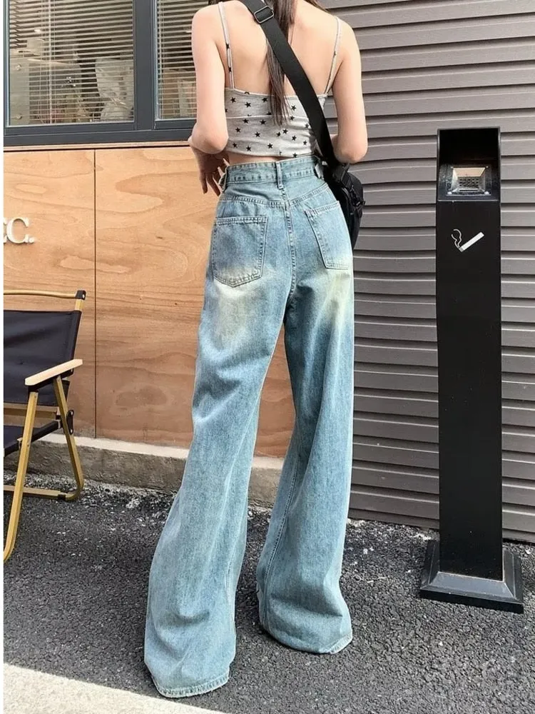 deanwangkt Vintage Pants, Jeans, Women's Torn Wide Leg Pants, Summer High Waisted, Slimming, Loose Fitting Long Pants, Women's Jeans