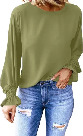Dokotoo Long Sleeve Shirts for Women 2024 Fashion Fall Ruffle Bubble Sleeve Casual Loose Tops and Blouses
