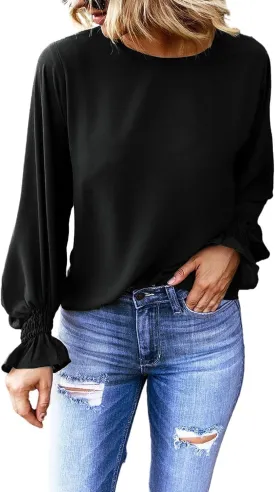 Dokotoo Long Sleeve Shirts for Women 2024 Fashion Fall Ruffle Bubble Sleeve Casual Loose Tops and Blouses