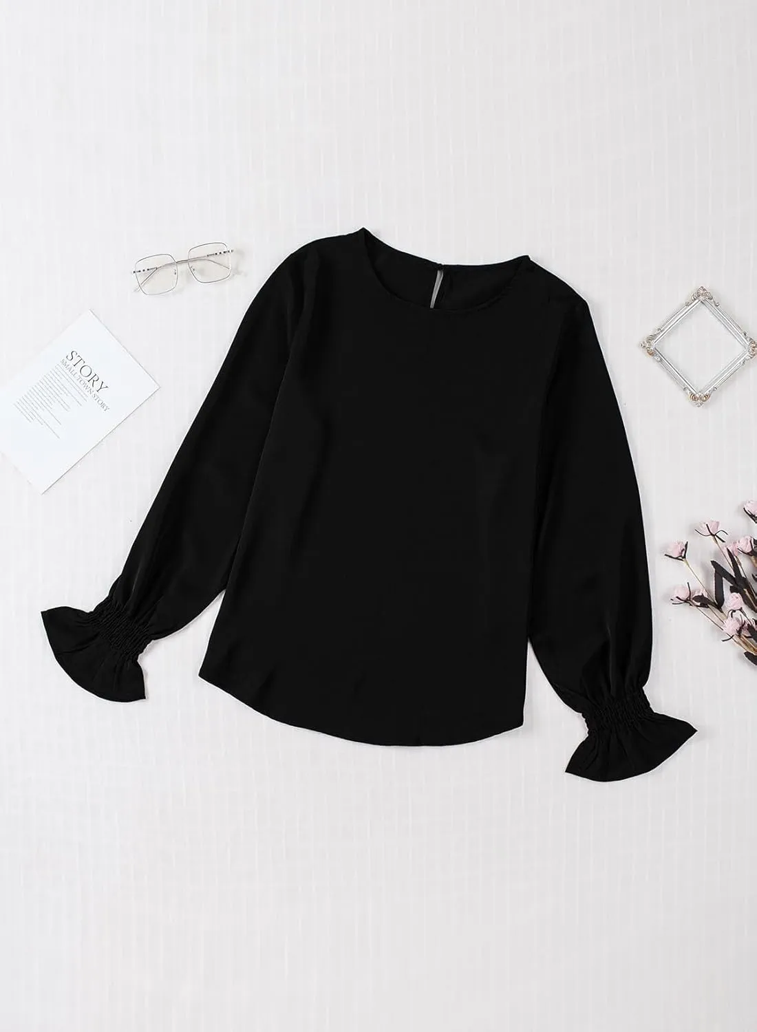 Dokotoo Long Sleeve Shirts for Women 2024 Fashion Fall Ruffle Bubble Sleeve Casual Loose Tops and Blouses