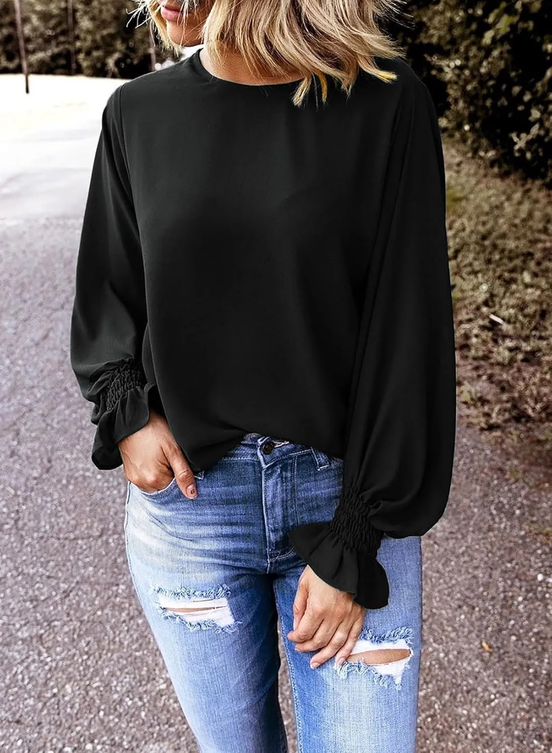 Dokotoo Long Sleeve Shirts for Women 2024 Fashion Fall Ruffle Bubble Sleeve Casual Loose Tops and Blouses