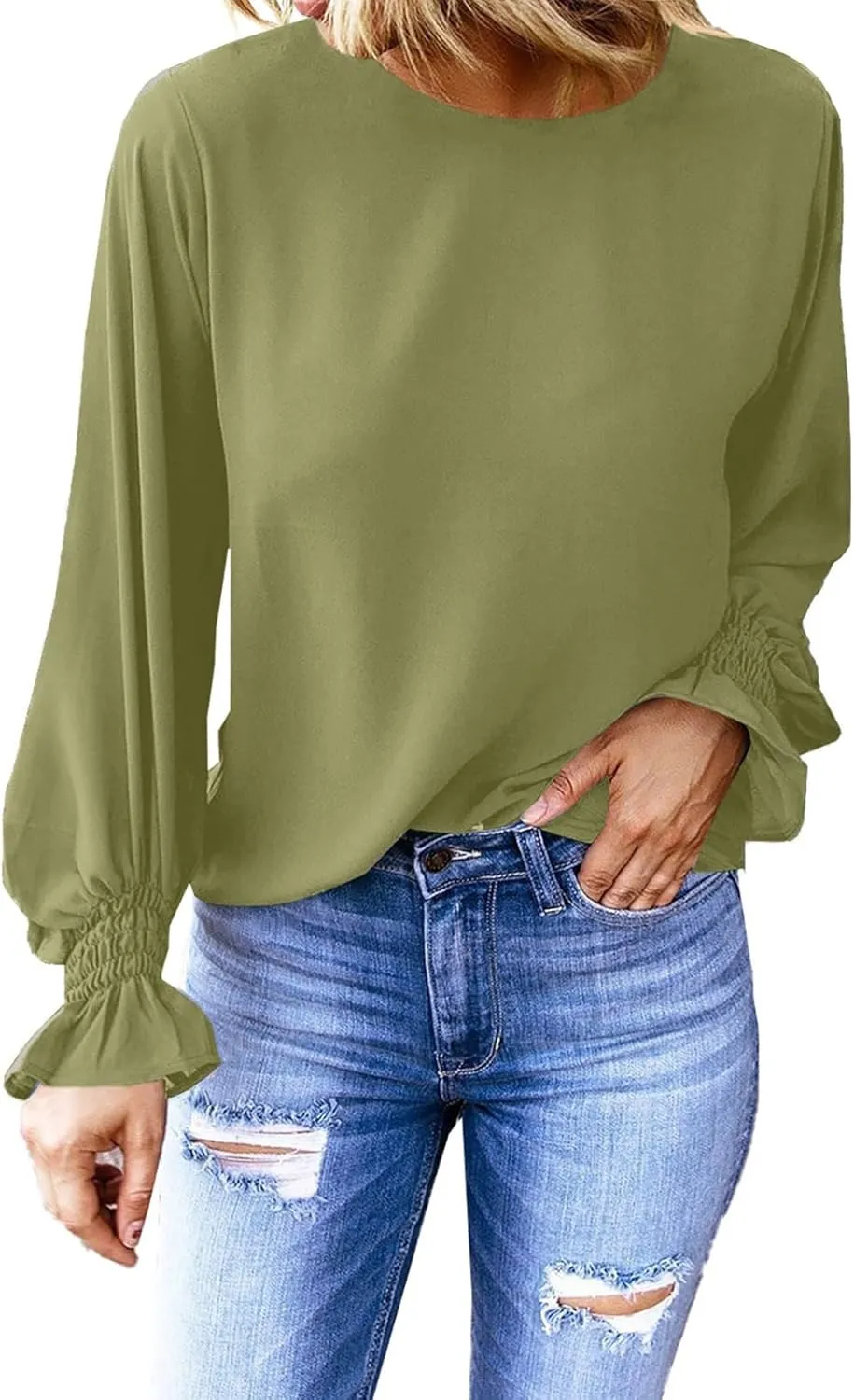 Dokotoo Long Sleeve Shirts for Women 2024 Fashion Fall Ruffle Bubble Sleeve Casual Loose Tops and Blouses