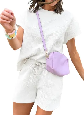 Dokotoo Women's 2 Piece Outfits Sweatsuit Casual Short Sleeve Pullover Tops and Drawstring Shorts Pants Lounge Sets