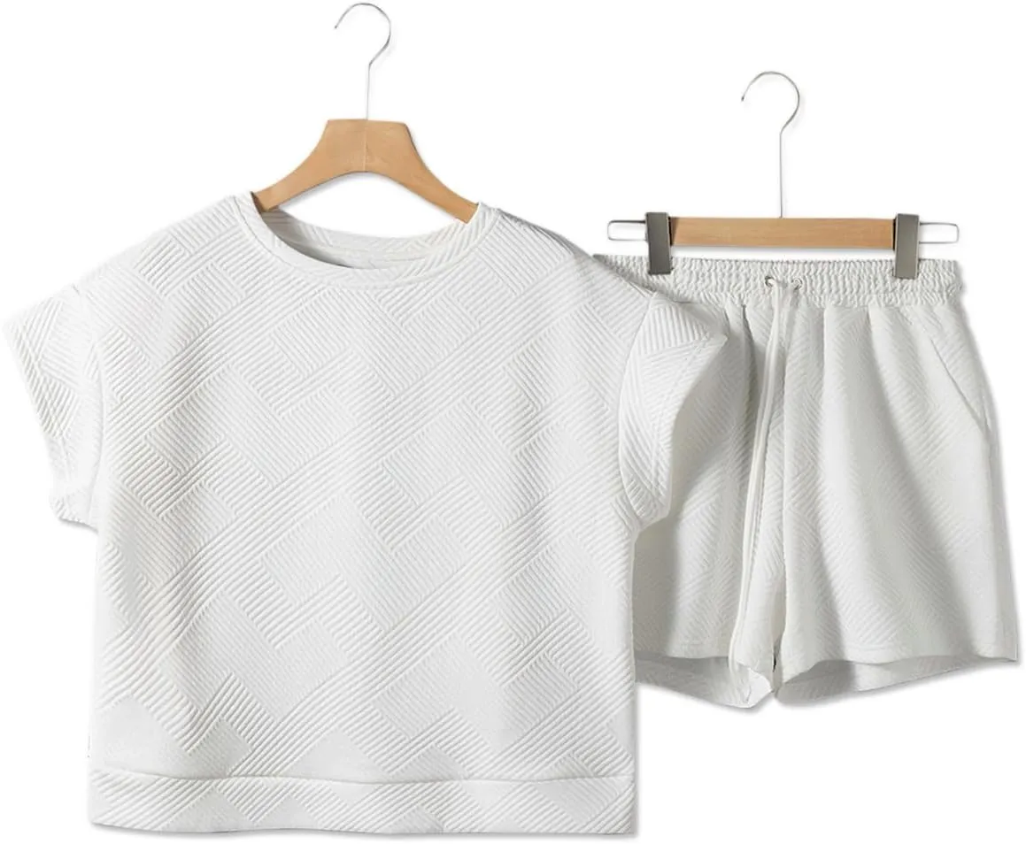 Dokotoo Women's 2 Piece Outfits Sweatsuit Casual Short Sleeve Pullover Tops and Drawstring Shorts Pants Lounge Sets