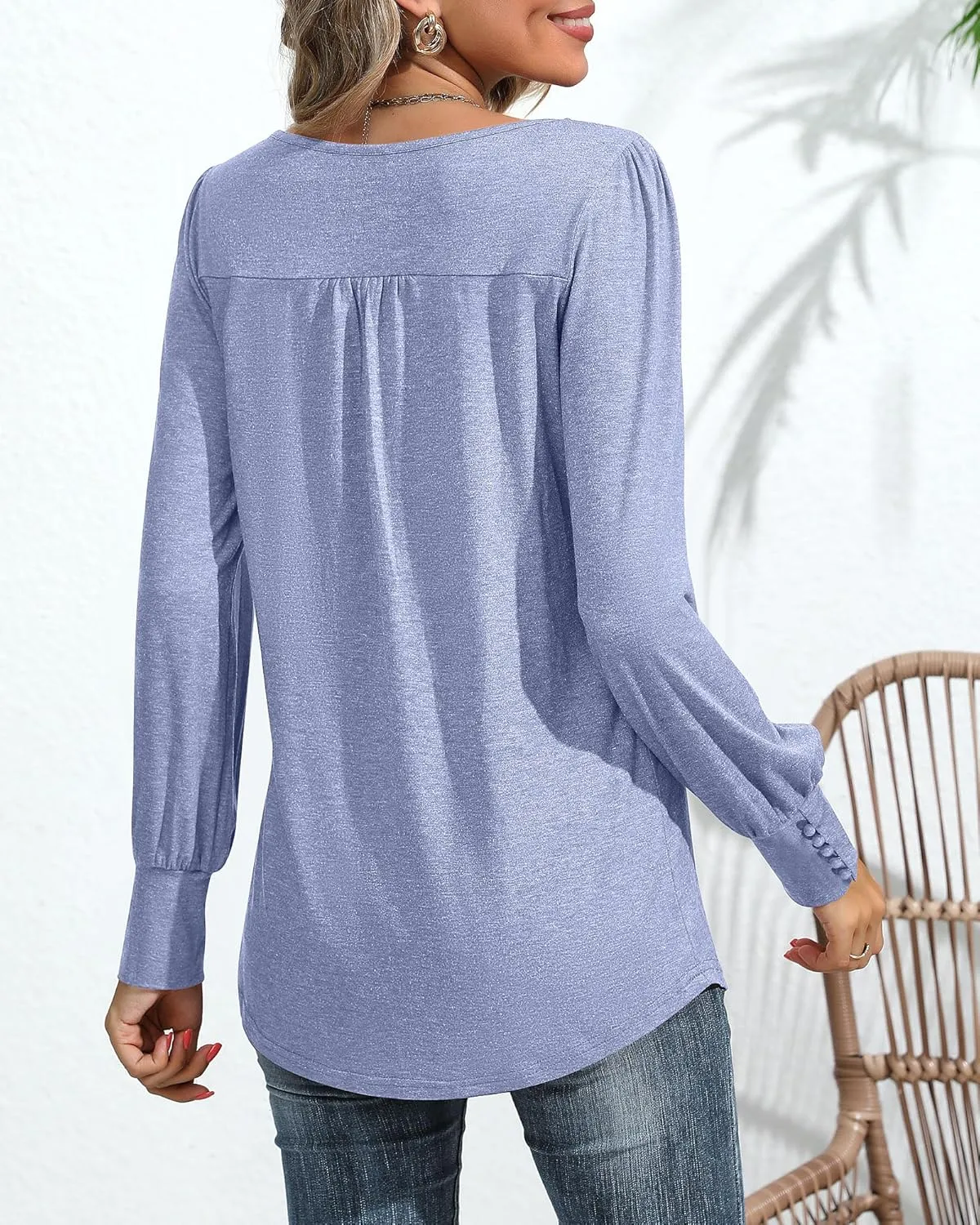 Ficerd Women's Puff Long Sleeve Tunic Tops Pleated Crew Neck Blouses Dressy Casual Loose Fit Winter and Spring Shirts