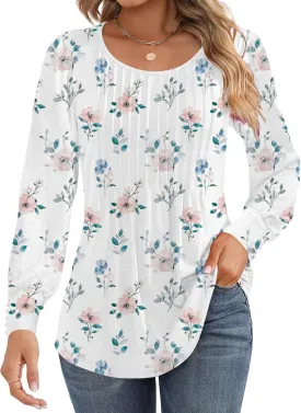 Ficerd Women's Puff Long Sleeve Tunic Tops Pleated Crew Neck Blouses Dressy Casual Loose Fit Winter and Spring Shirts