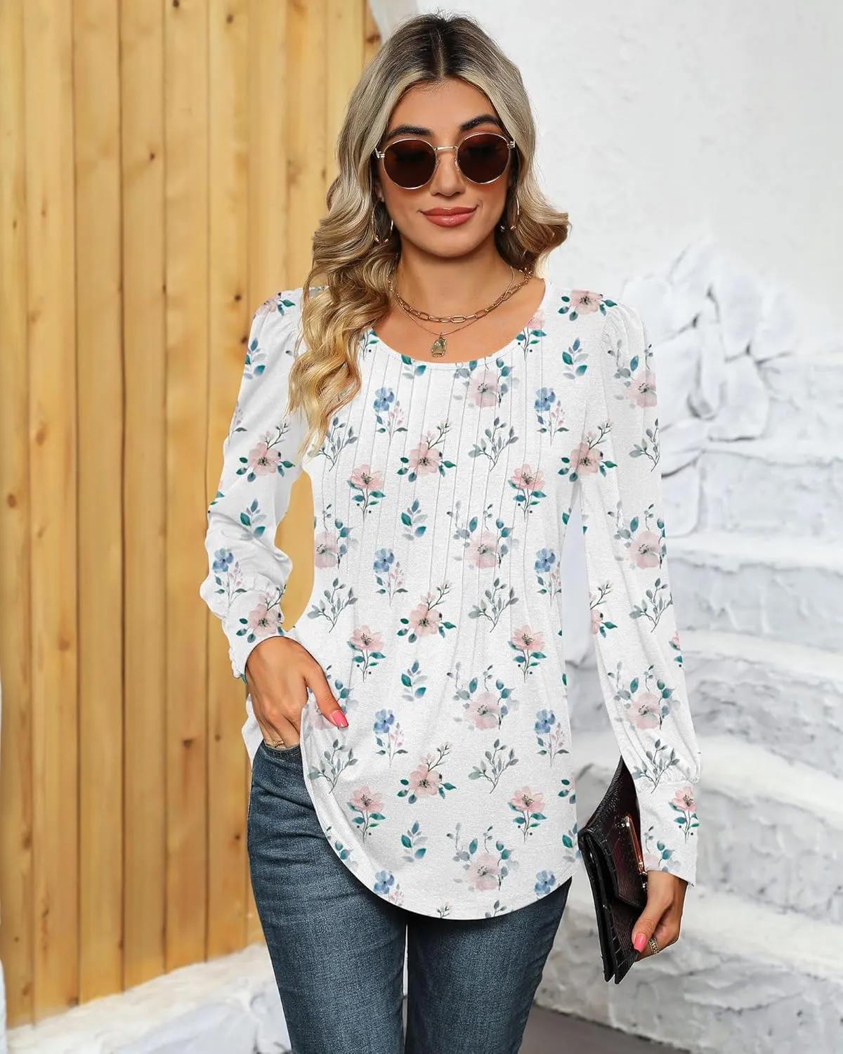 Ficerd Women's Puff Long Sleeve Tunic Tops Pleated Crew Neck Blouses Dressy Casual Loose Fit Winter and Spring Shirts