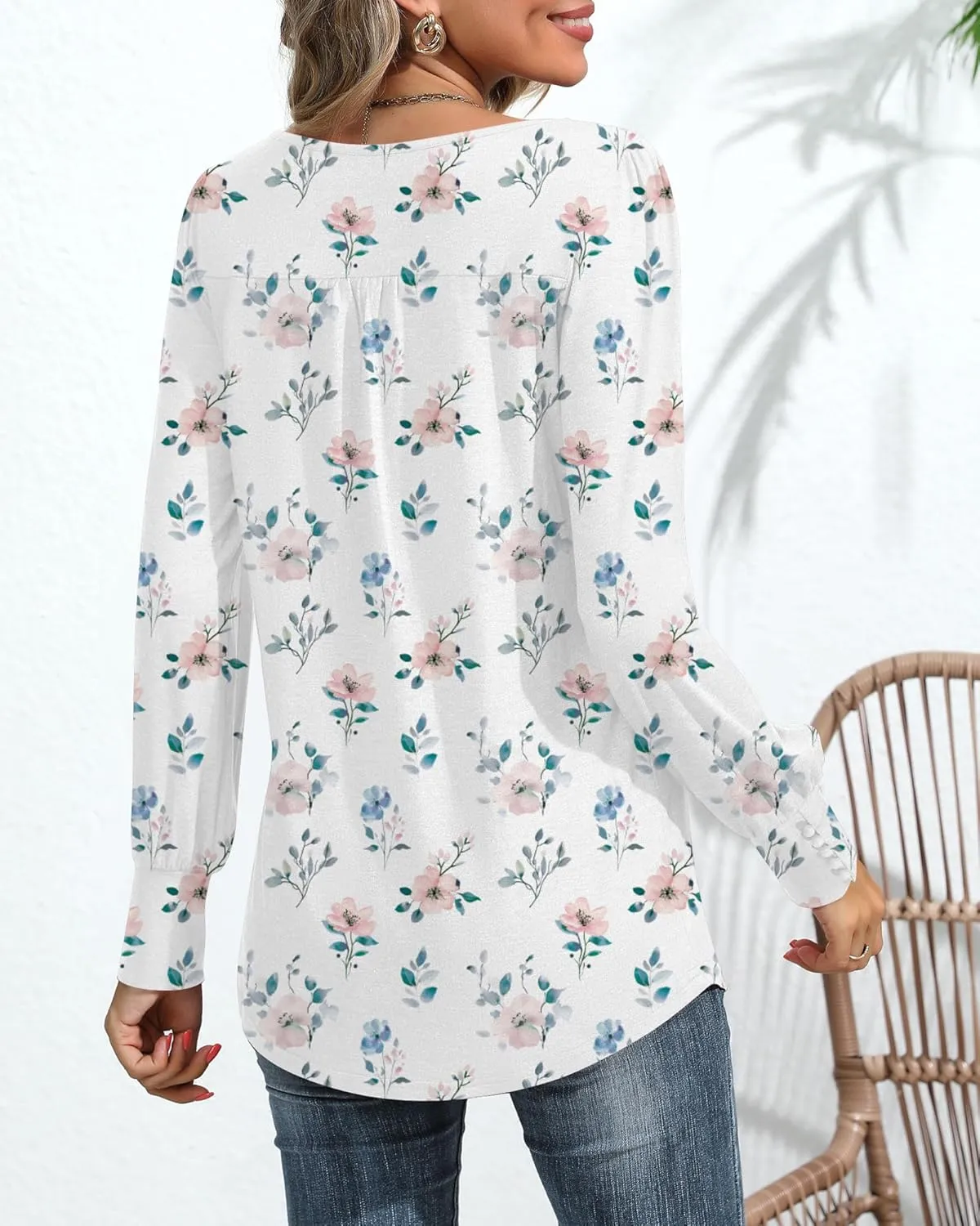 Ficerd Women's Puff Long Sleeve Tunic Tops Pleated Crew Neck Blouses Dressy Casual Loose Fit Winter and Spring Shirts
