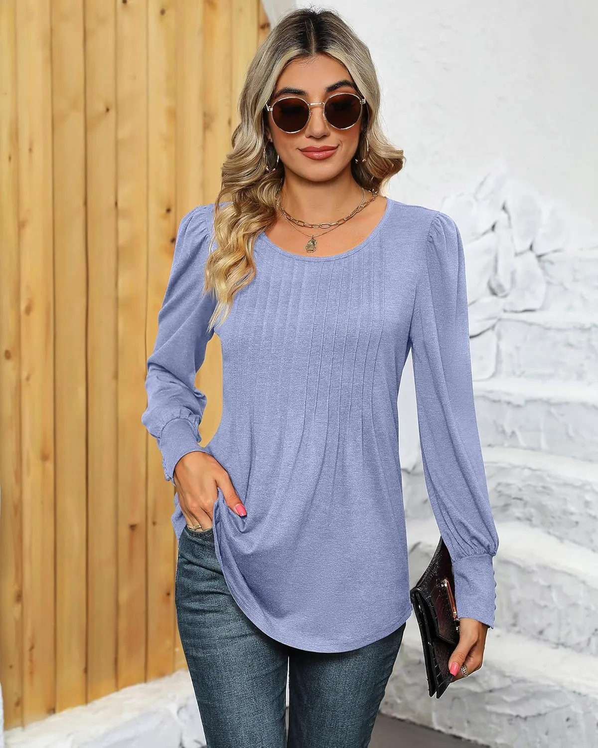 Ficerd Women's Puff Long Sleeve Tunic Tops Pleated Crew Neck Blouses Dressy Casual Loose Fit Winter and Spring Shirts