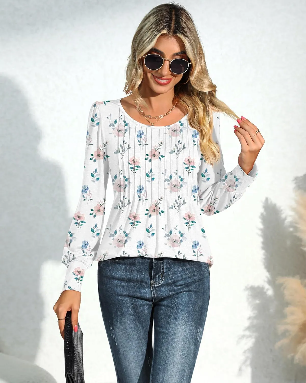 Ficerd Women's Puff Long Sleeve Tunic Tops Pleated Crew Neck Blouses Dressy Casual Loose Fit Winter and Spring Shirts