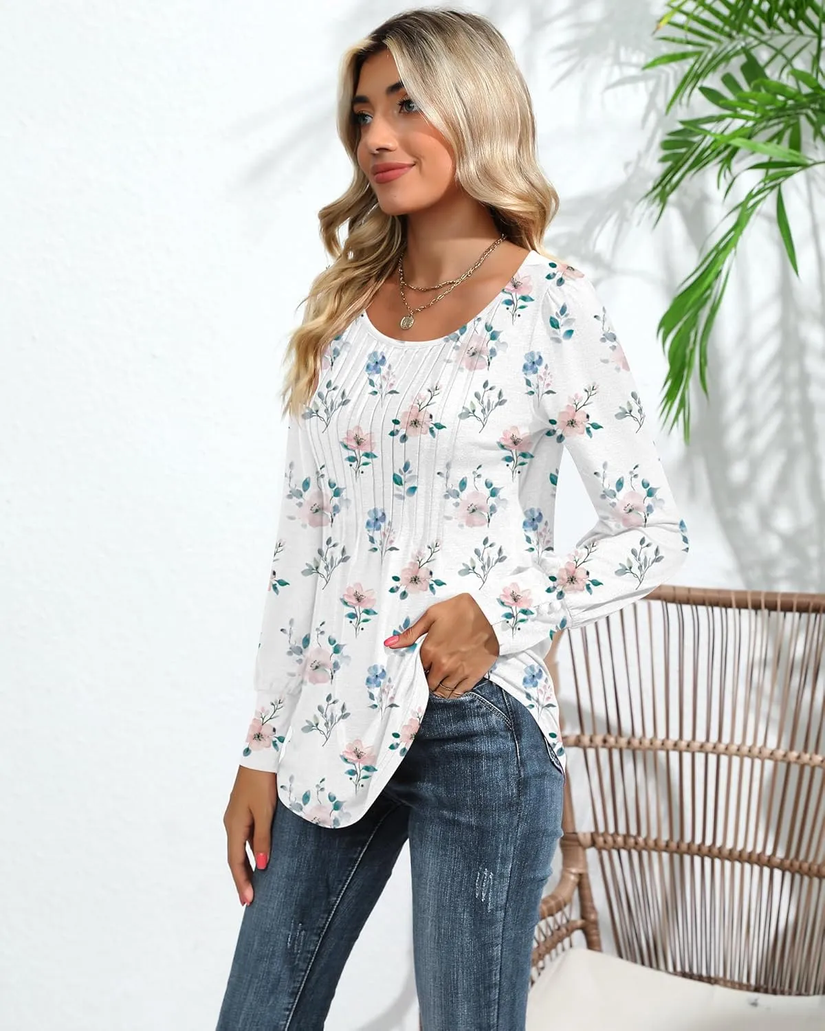 Ficerd Women's Puff Long Sleeve Tunic Tops Pleated Crew Neck Blouses Dressy Casual Loose Fit Winter and Spring Shirts