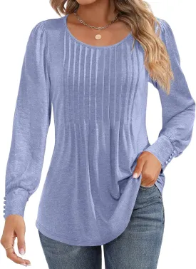 Ficerd Women's Puff Long Sleeve Tunic Tops Pleated Crew Neck Blouses Dressy Casual Loose Fit Winter and Spring Shirts