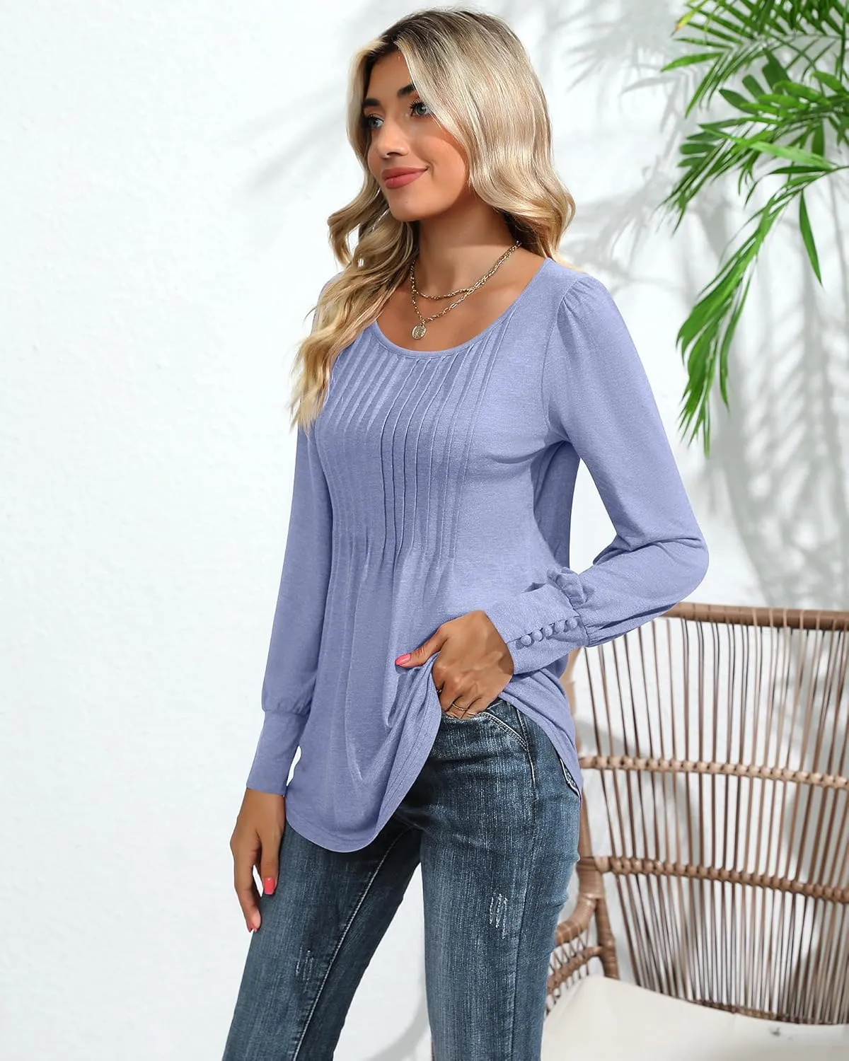 Ficerd Women's Puff Long Sleeve Tunic Tops Pleated Crew Neck Blouses Dressy Casual Loose Fit Winter and Spring Shirts