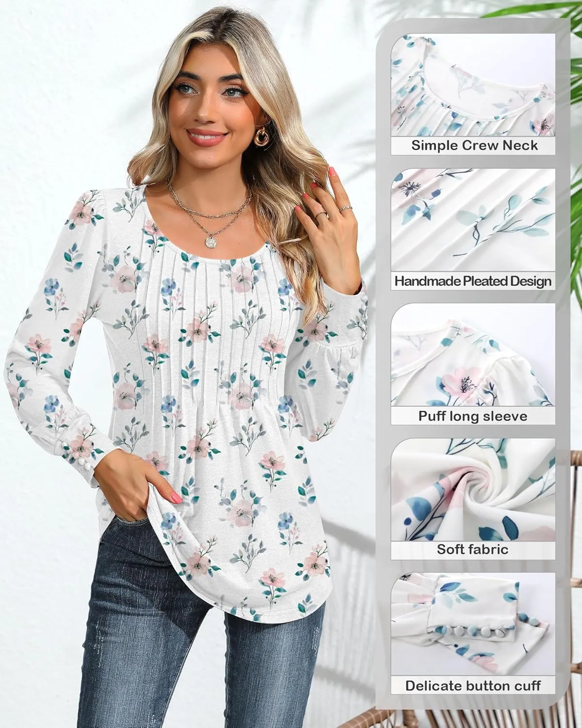 Ficerd Women's Puff Long Sleeve Tunic Tops Pleated Crew Neck Blouses Dressy Casual Loose Fit Winter and Spring Shirts