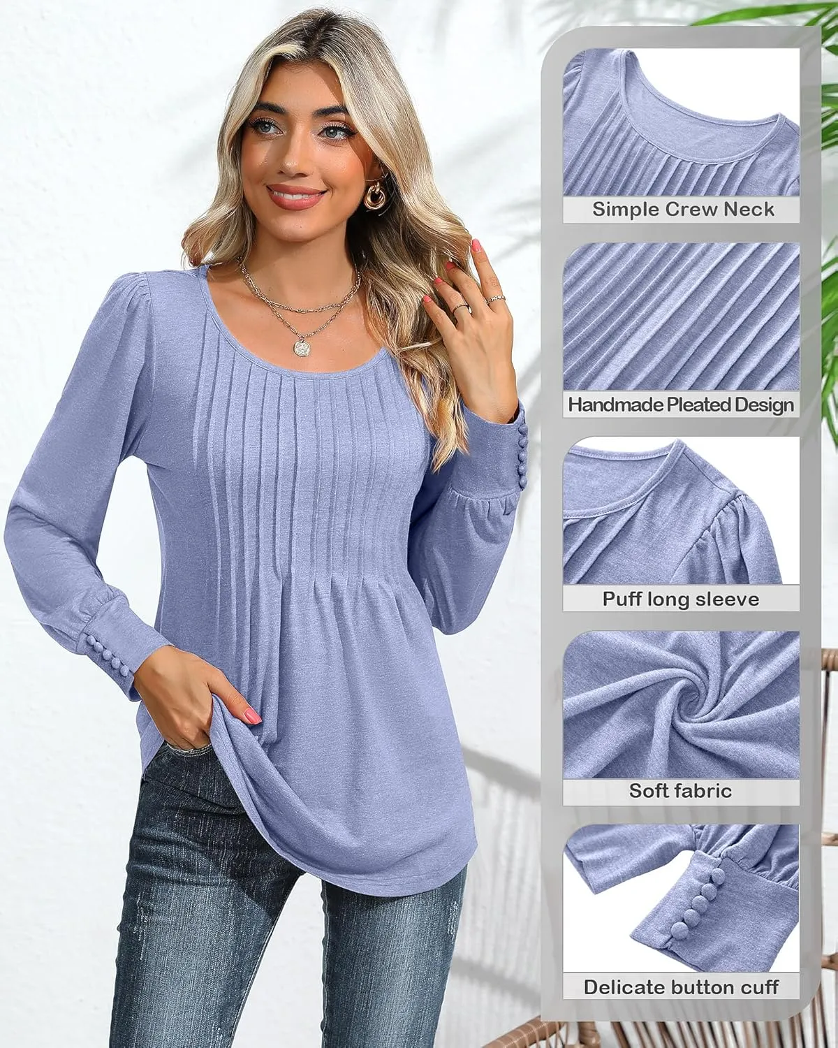 Ficerd Women's Puff Long Sleeve Tunic Tops Pleated Crew Neck Blouses Dressy Casual Loose Fit Winter and Spring Shirts
