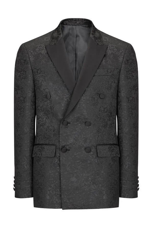 Floral Double-Breasted Peak Tuxedo- Black