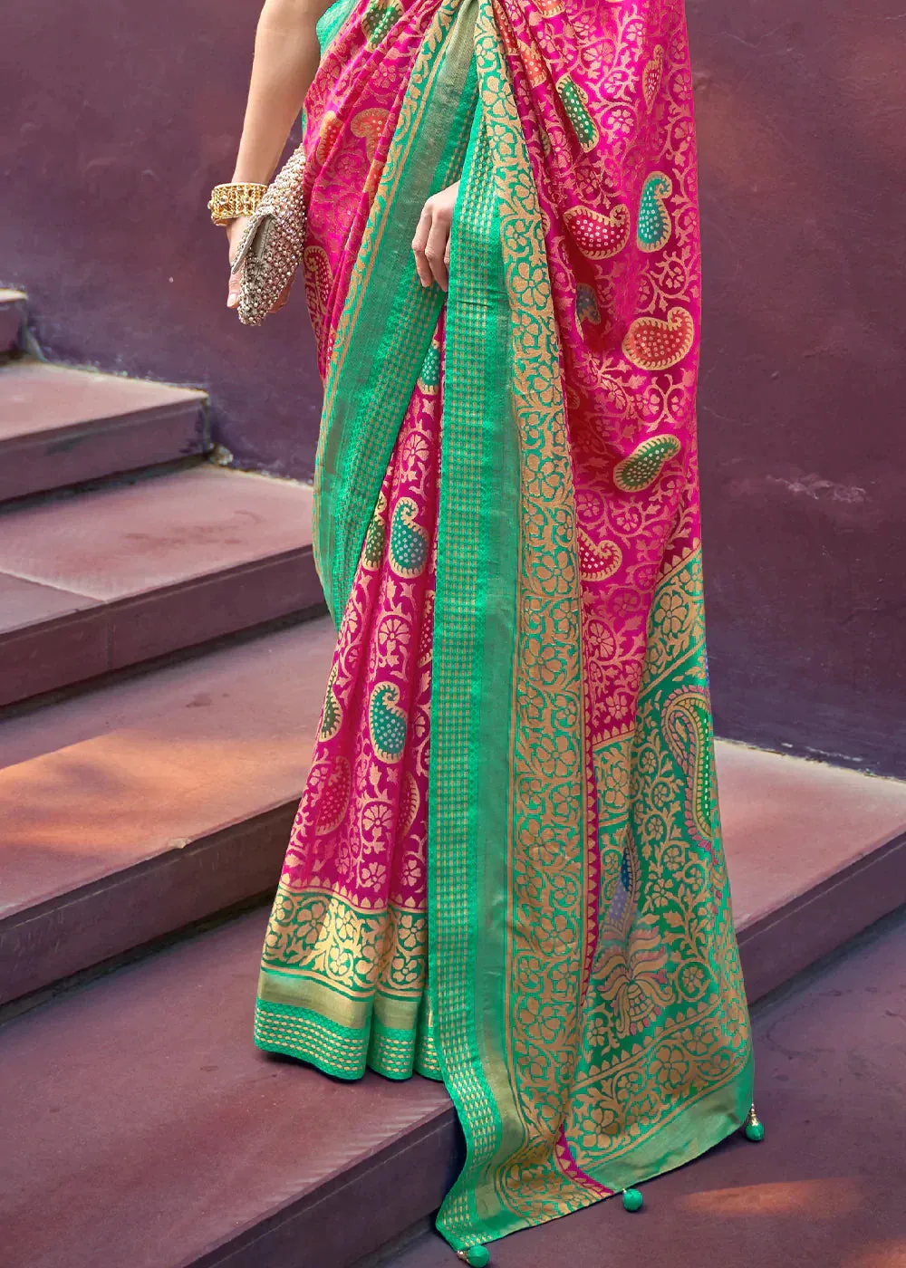 Hot Pink Designer Printed Brasso Silk Saree