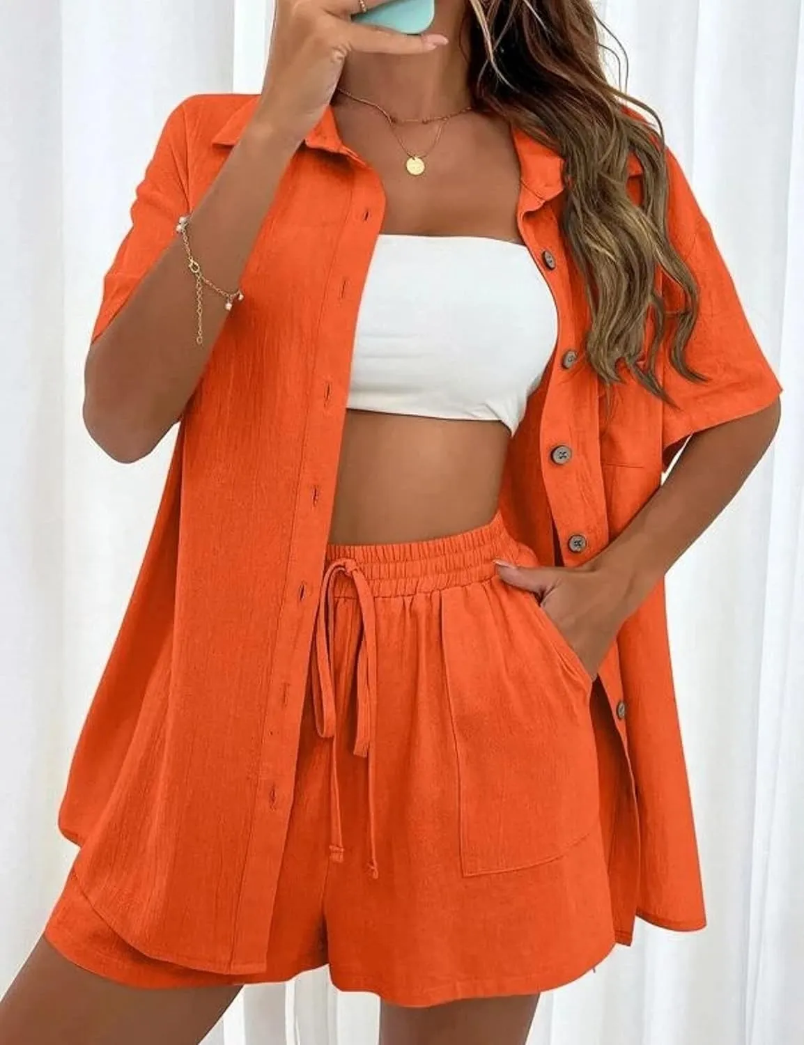 InterNos Womens Short Sleeve 2 Piece Tracksuit Outfit Sets Cotton Linen Shirt and High Waisted Mini Shorts Set