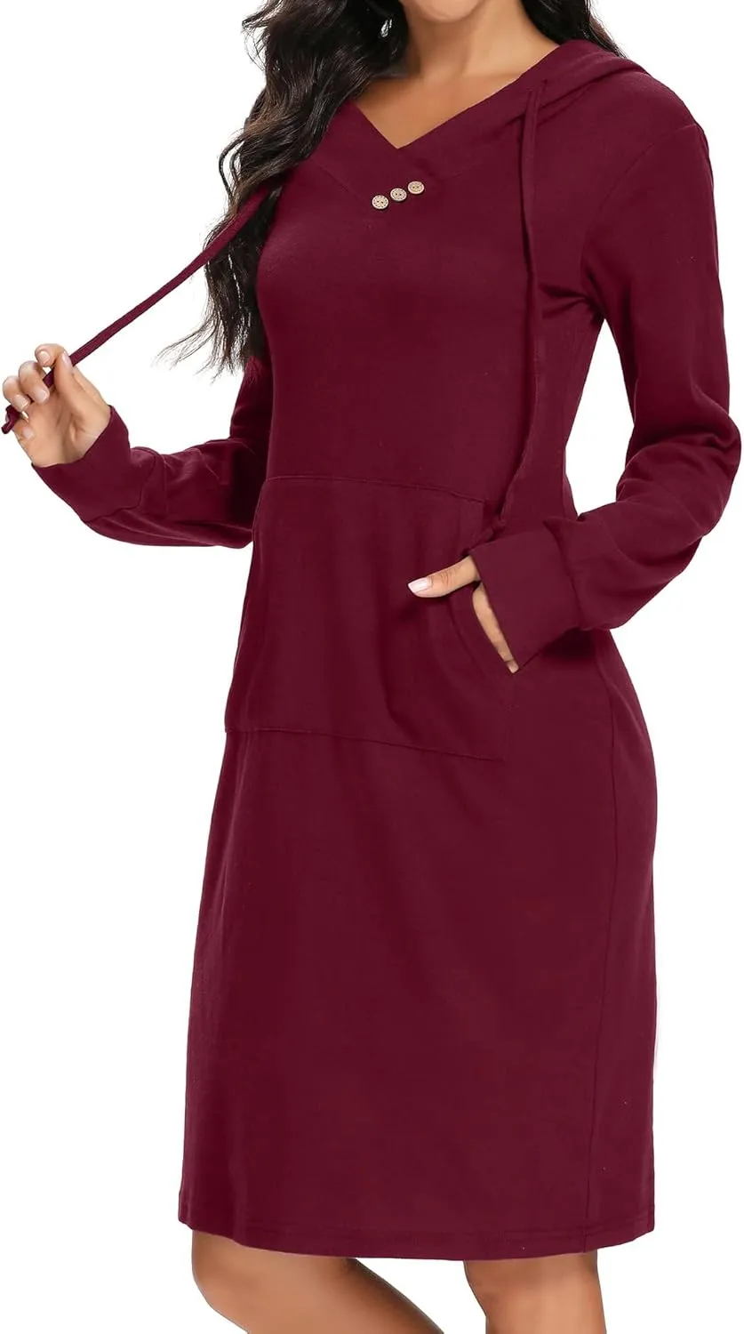 Kimmery Long Sleeve Dress for Women Lightweight Kangaroo Pocket Hoodie Dress Fall Sweatshirts for Women