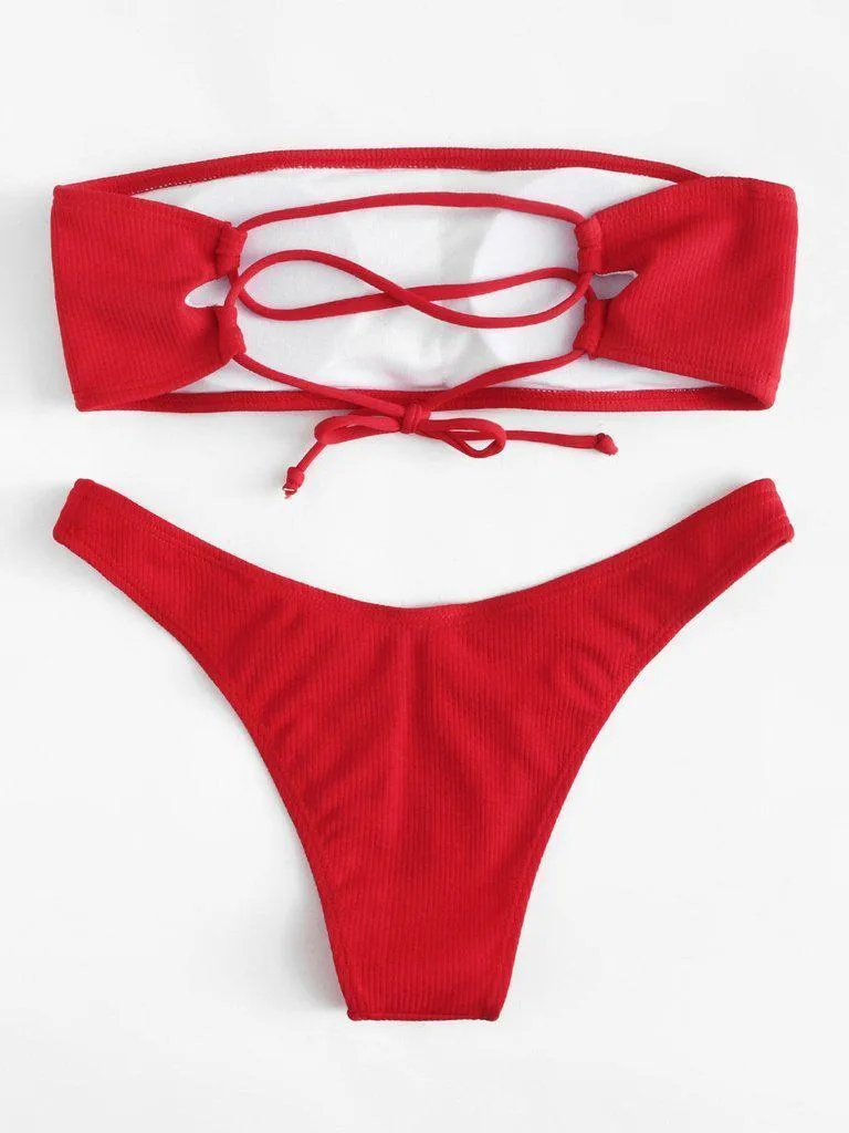 Lace Up Bandeau Bikini Set