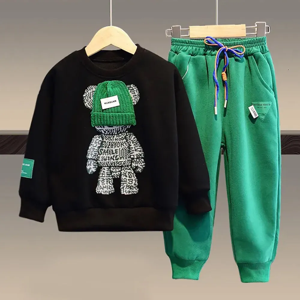 little Surprise Box Black & Green Fuzzy Teddy 2 piece Track Suit set for Kids